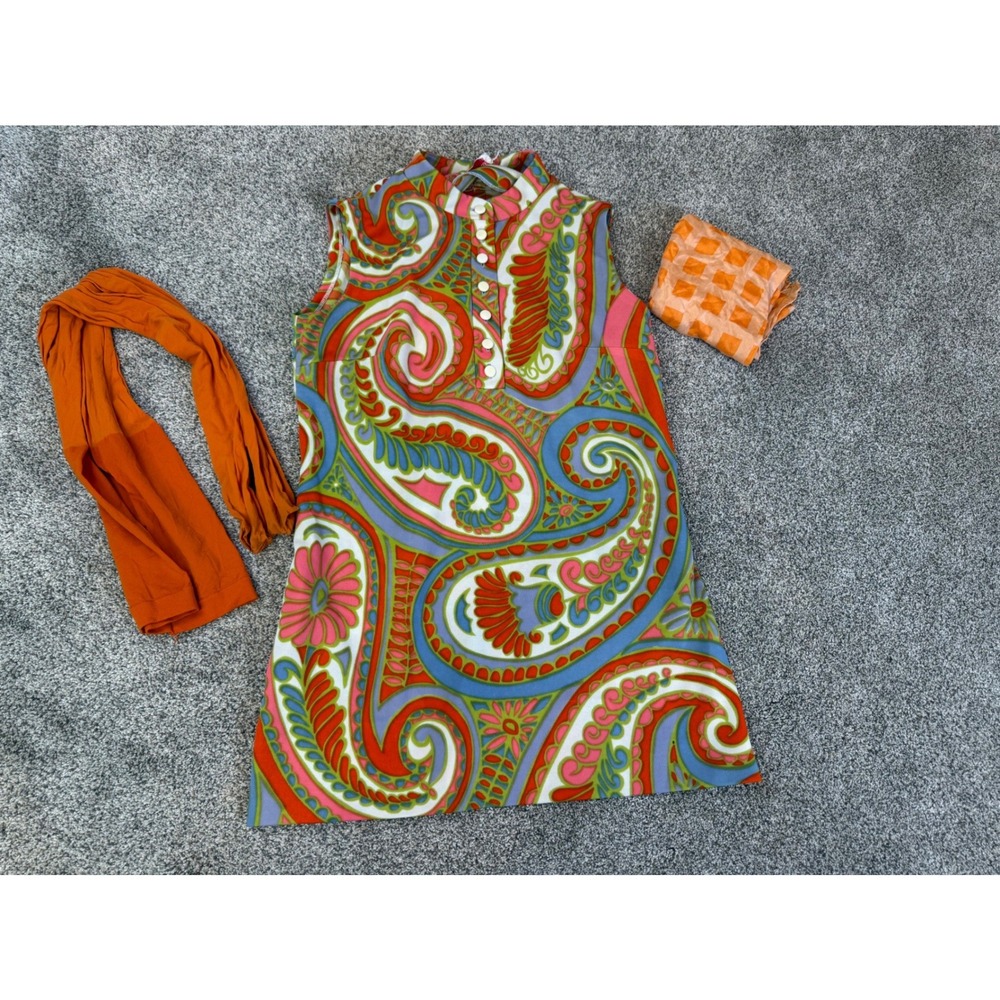 Vintage 60s David Smith Paisley Mod Shift Sleeveless Dress Set Retro Costume